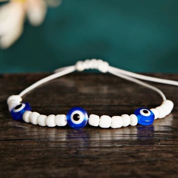 2 pc. Turkish Evil Eye Friendship Blue White Beads Bracelets - Picture 5 of 9